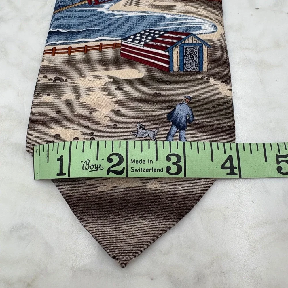 Vintage Americana Airplane Flag Boat Water Necktie‎ Coastal Patriotic USA 56